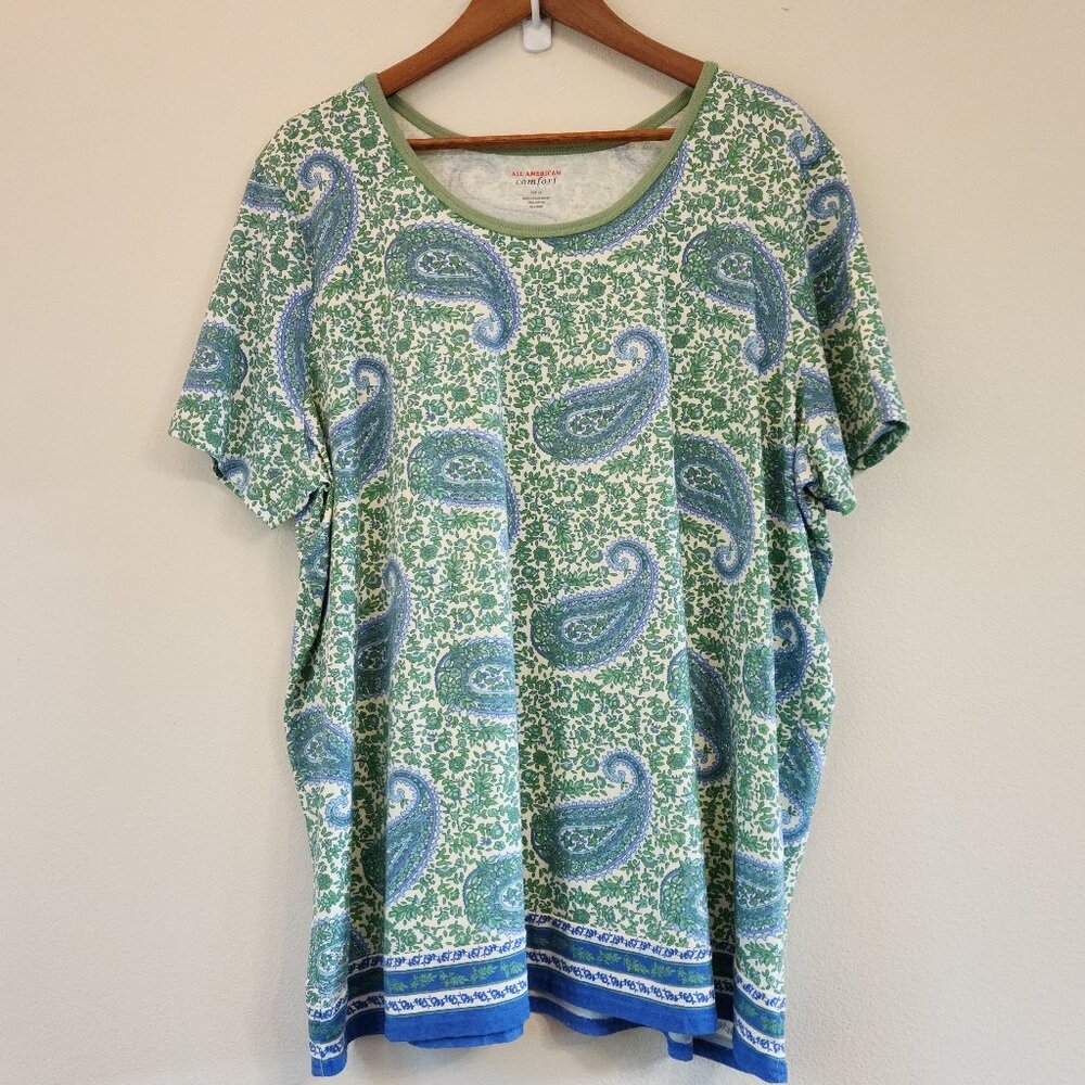 All American Comfort Raglan t shirt Green Blue Paisley Short Slv women 2X Casual